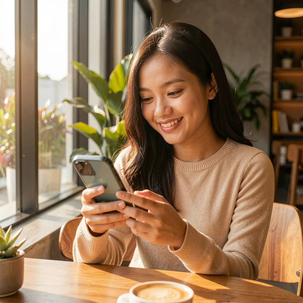 Young Filipino woman relaxing by a window while using the BATAKPH mobile casino app on her smartphone in a warm and natural setting