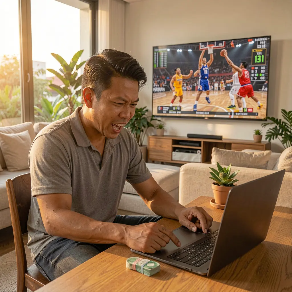 Excited Filipino sports fan celebrating a winning bet placed on a laptop at home while watching a live basketball game on TV using BATAKPH
